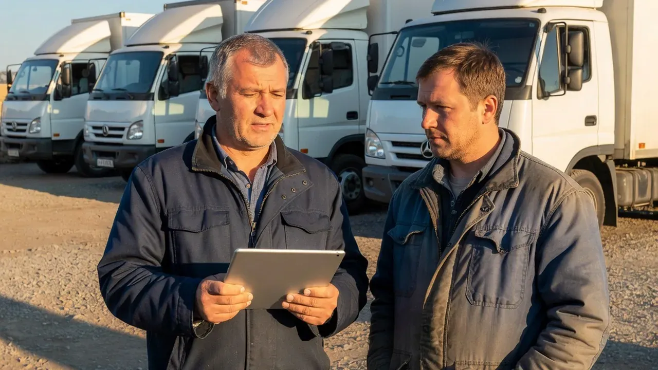 Владелец транспортной компании у парка грузовиков с планшетом