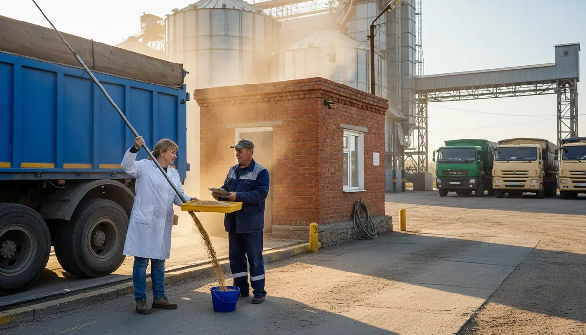 Лаборантка зондом отбирает пробу зерна из кузова грузовика у элеватора, рядом сотрудник с планшетом фиксирует приёмку