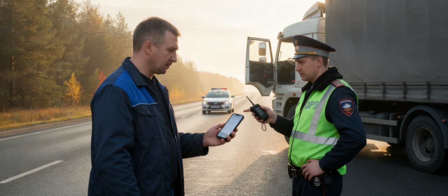 Водитель показывает инспектору ДПС QR-код электронной накладной в телефоне