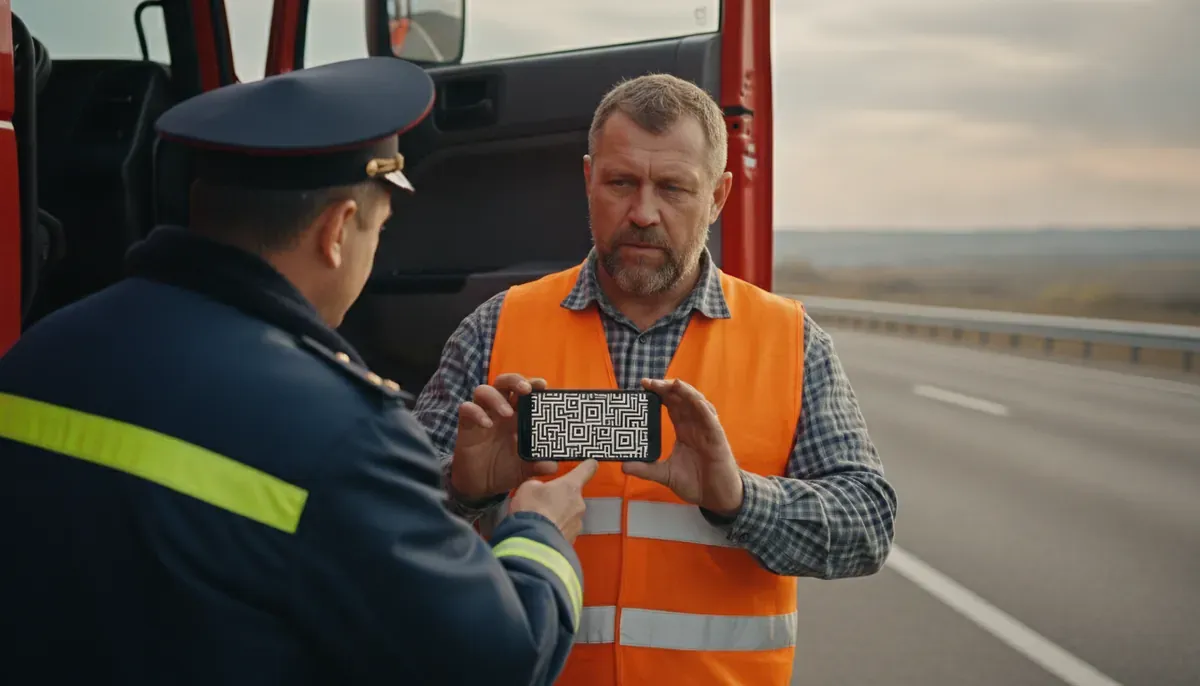 Водитель грузовика показывает инспектору QR-код электронной накладной на экране смартфона у обочины трассы