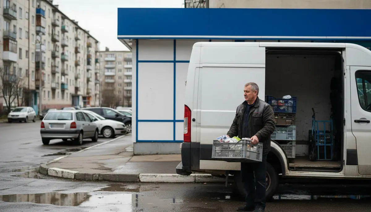 Водитель с ящиком товара стоит у открытого фургона возле магазина, одна из точек развозки по ЭТрН