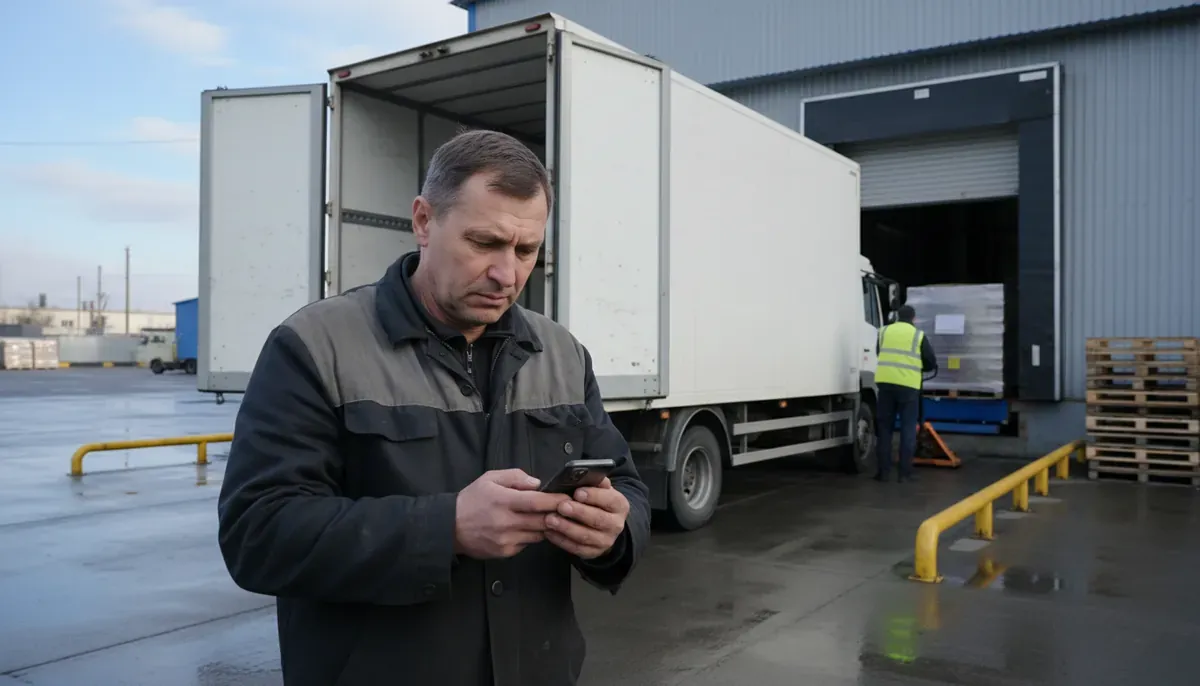 Перевозчик у грузовика на рампе склада смотрит в смартфон, проверяя, подписана ли ЭТрН перед оплатой рейса