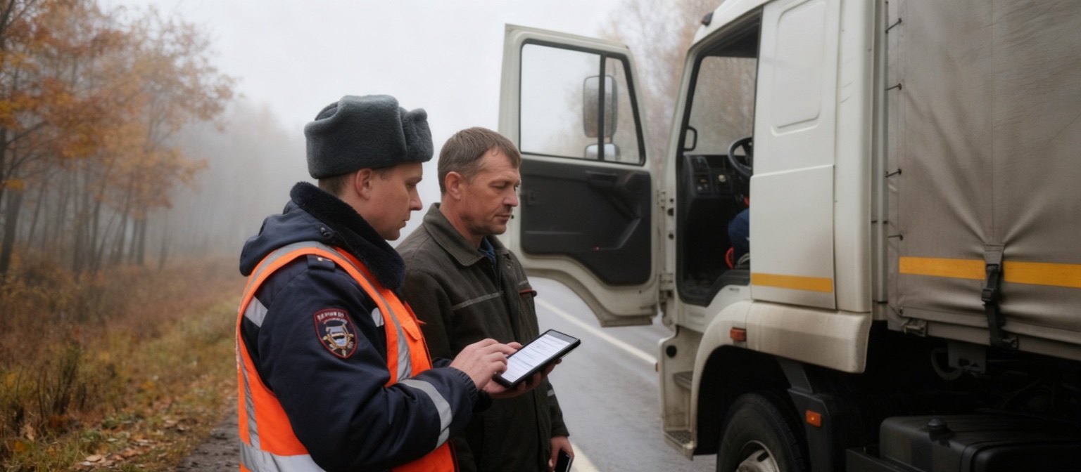 Инспектор сверяет электронную транспортную накладную на планшете, водитель ждёт у кабины