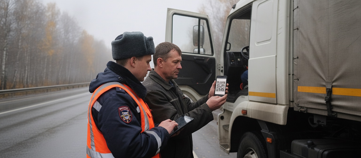 Инспектор ДПС проверяет QR-код электронной накладной на телефоне водителя грузовика