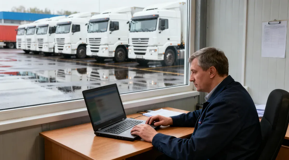 Руководитель автопарка работает на ноутбуке, за окном ряд белых грузовиков